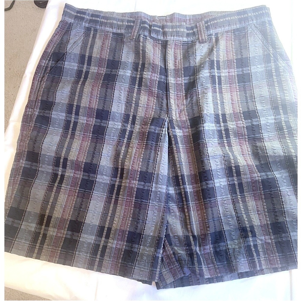 Patagonia Mens 36 Organic Cotton Plaid Shorts Blue Brown Textured Seersucker